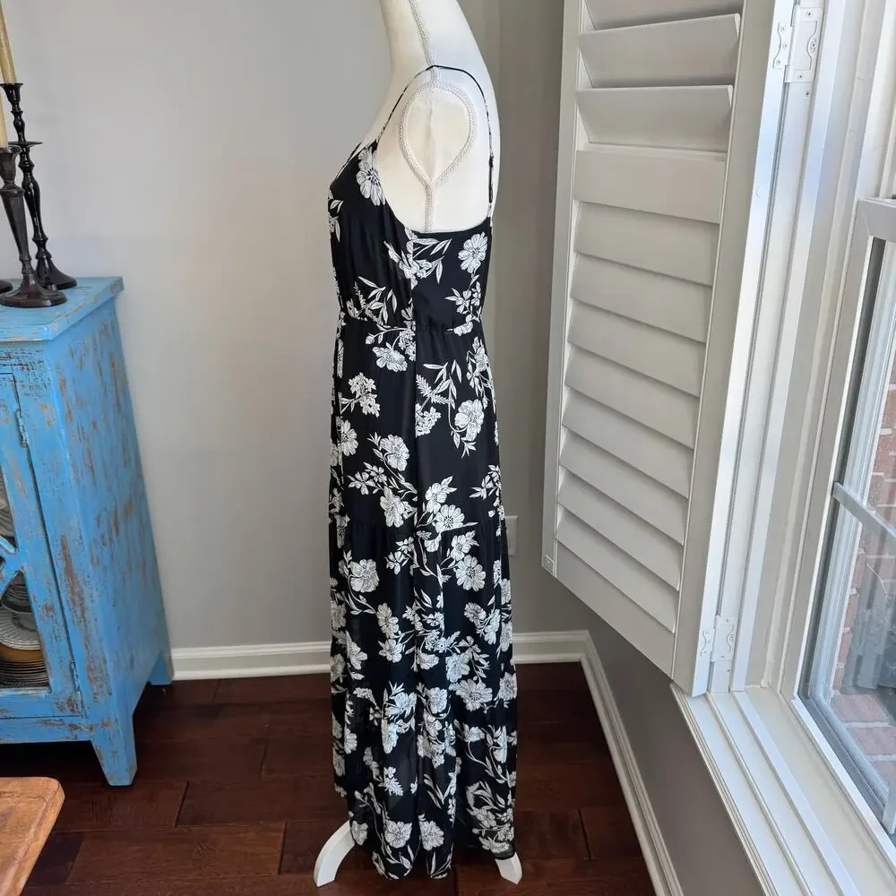 J. CREW MERCANTILE Dress Womens 6 Black White Floral Tiered Maxi Resort Wear - Picture 5 of 14
